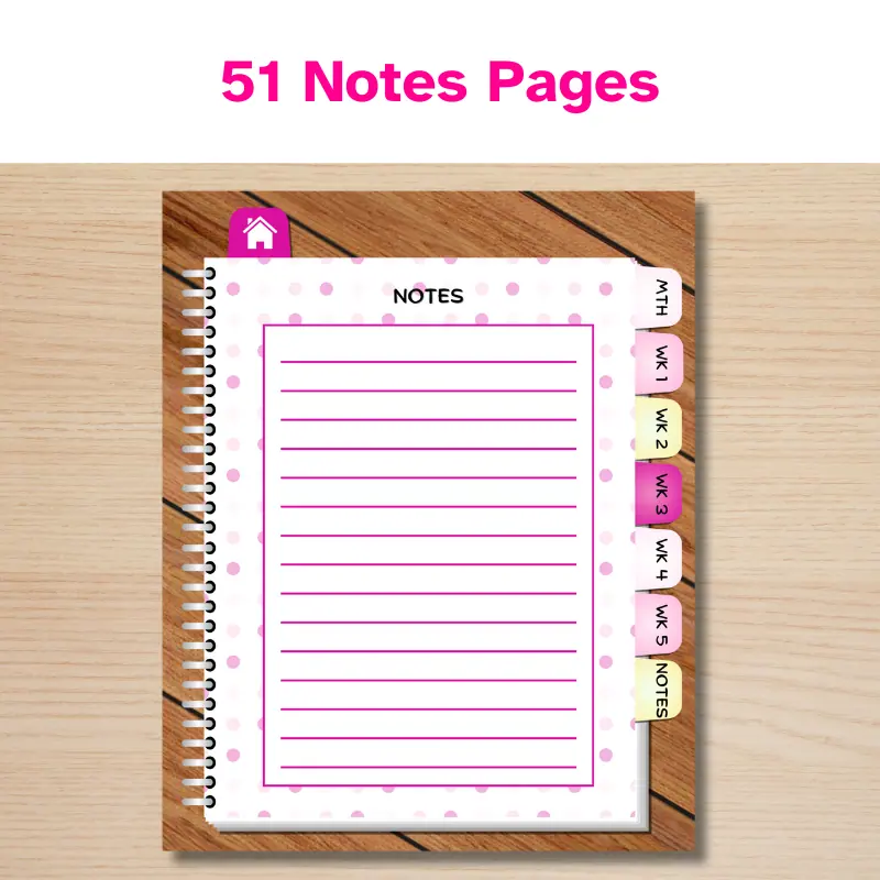 51 Notes Pages. An undated digital planner displaying the notes page. The planner has a pink polka dot digital paper and pink and yellow hyperlinked tabs. The notes lines are colored dark pink.