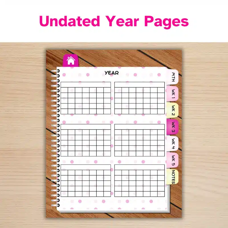 an undated digital planner with a pink polka dot pattern pattern displaying the year page.