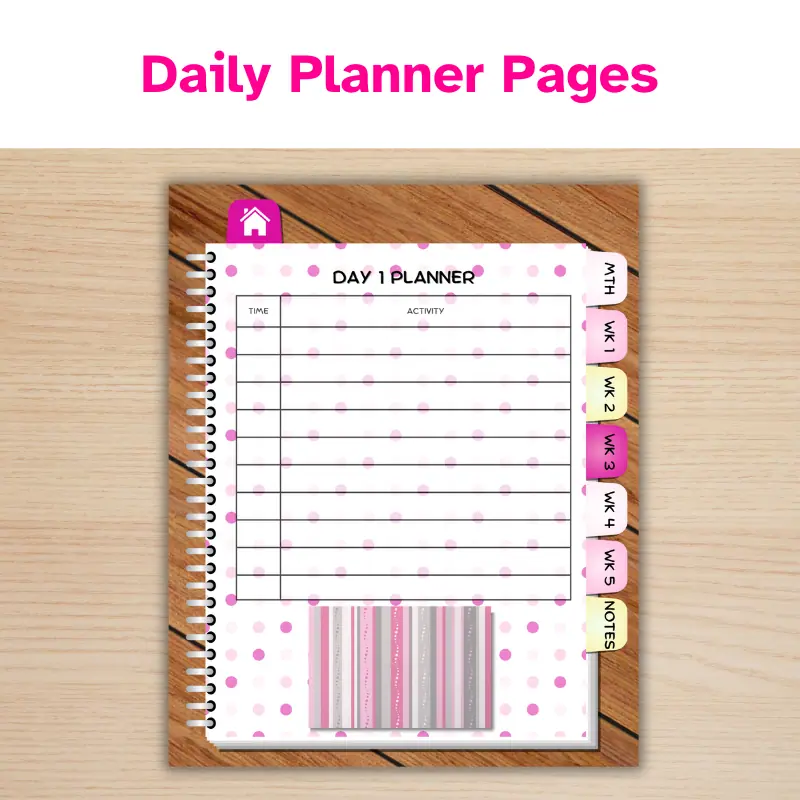 A white digital planner with pink polka dots and hyperlinked tabs displaying the daily planner page