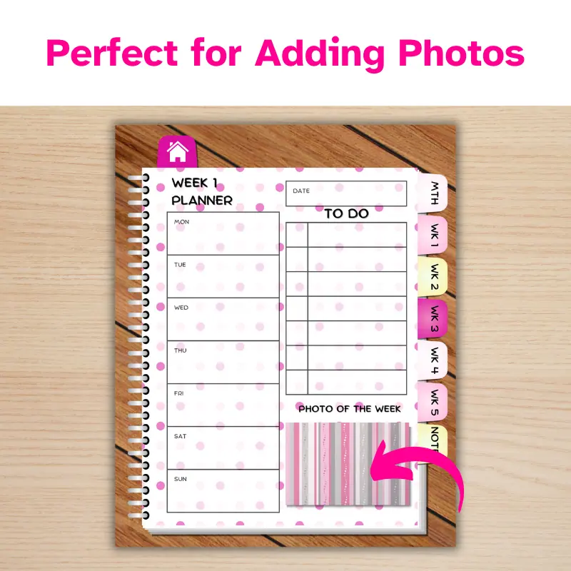 Perfect for adding photos, A digital planner displaying a weekly page with an arrow to the photo of the week section. The planner is white with pink polka dots, and the photo of the week slot has complimentary pink stripes