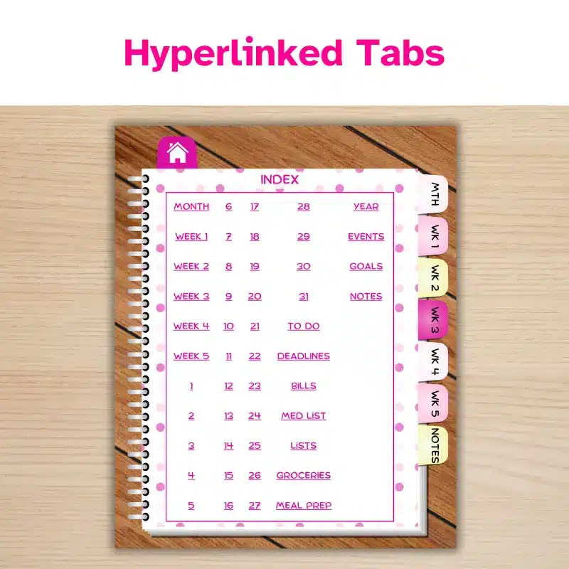 Hyperlinked tabs. A digital planner with Hyperlinked tabs displaying the Index page. The planner is white with pink accents.