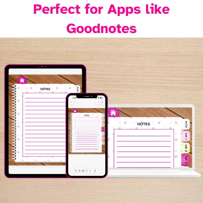 Perfect for apps like goodnotes. A digital planner displaying the notes page on a phone, a tablet, and a laptop. The planner has pink polka dots and hyperlinked tabs. The notes lines are colored dark pink.