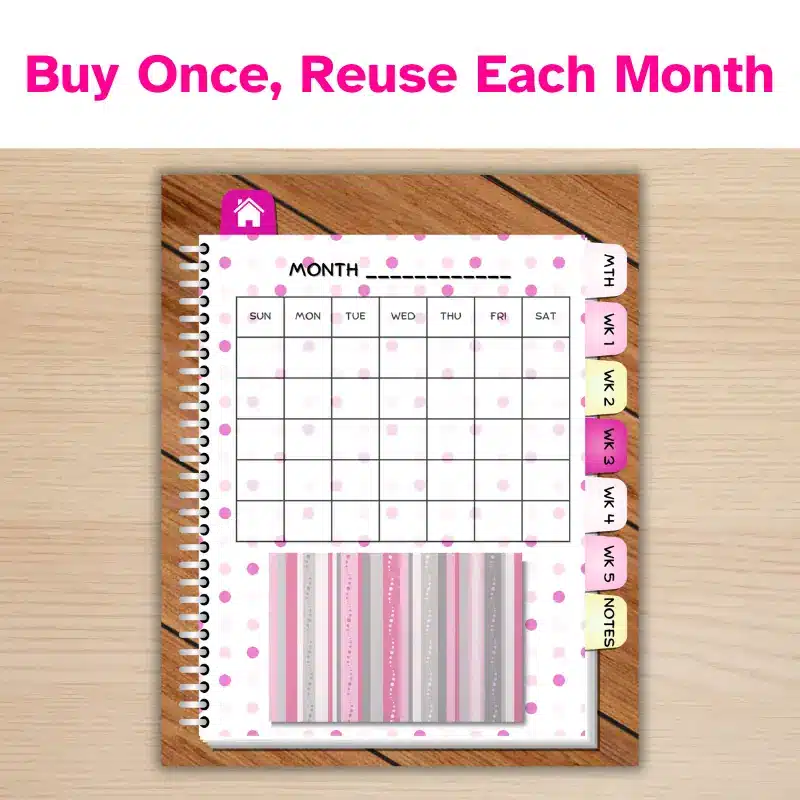 Buy once, reuse each month. An undated digital planner with hyperlinked tabs open to the month page. The planner is white with pink polka dots and has a rectangle of pink and grey stripes to place a photo, stickers, or write notes.
