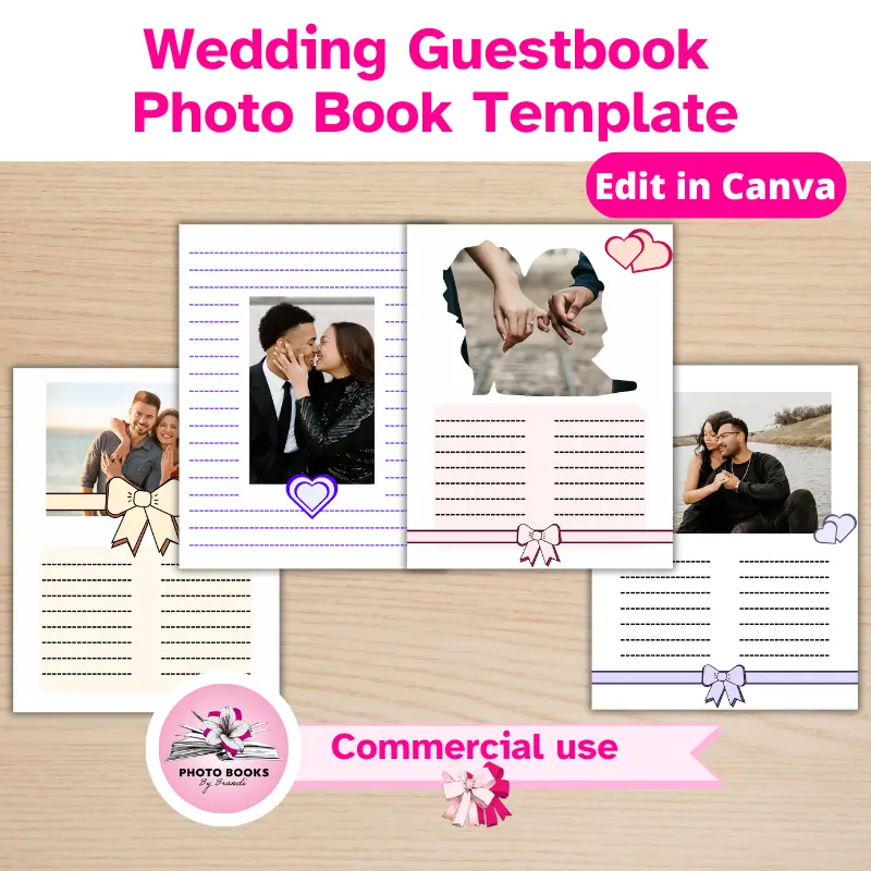 4 wedding guestbook pages with hearts and bows and engagement photos of different happy couples overlapping on a desk, Commercial use allowed