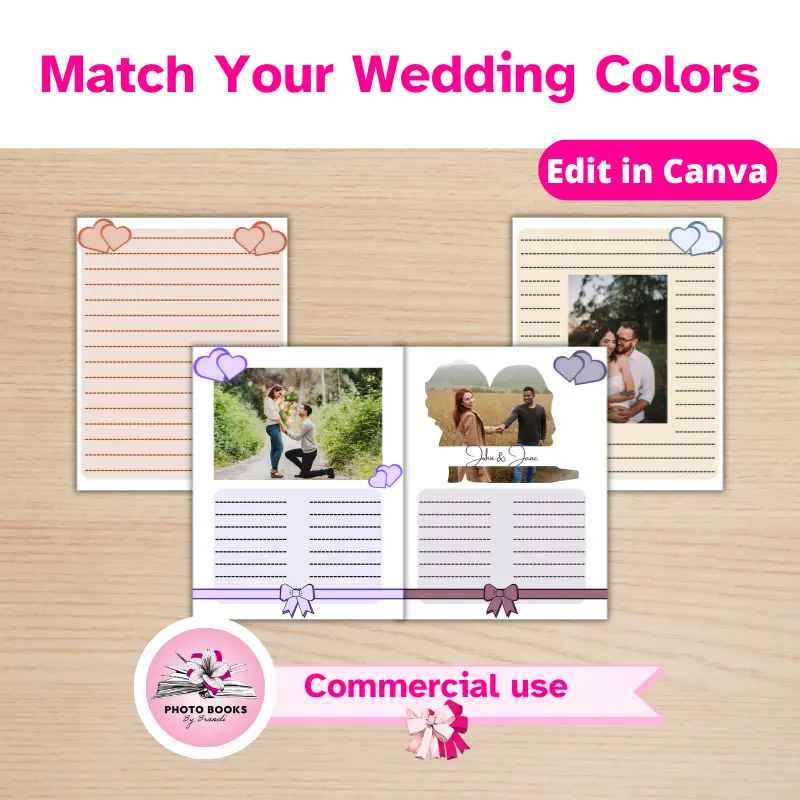 4 wedding guestbook pages with hearts and bows and engagement photos of different happy couples overlapping on a desk, Commercial use allowed