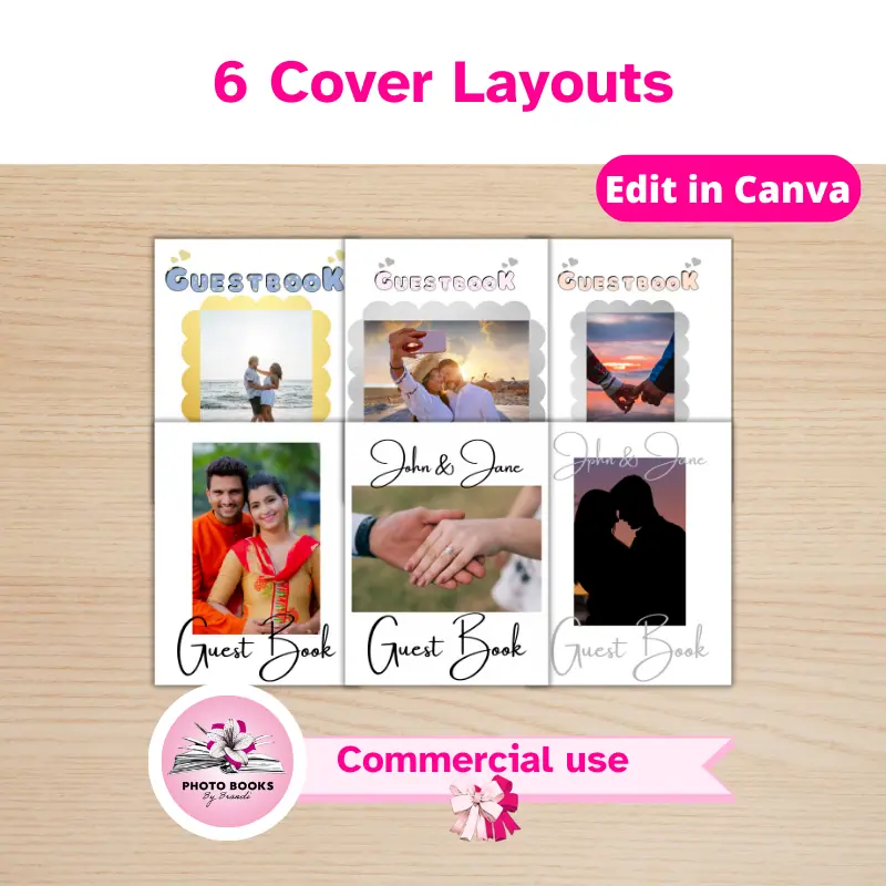 4 variations of covers for a wedding guestbook with photos. Some use various script fonts and one uses a fun bubbled font with hearts. Commercial use allowed