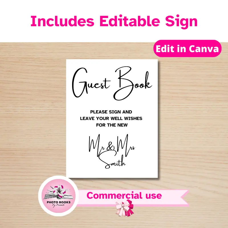 Includes Editable Sign. A sign beckoning guests to sign the wedding guestbook. Commercial Use Allowed