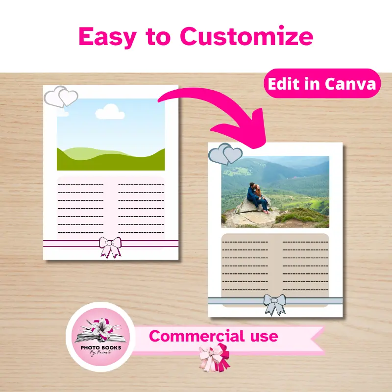 Easy to customize. A customized wedding guestbook page with an arrow pointing to it from the original template page. Commercial use allowed