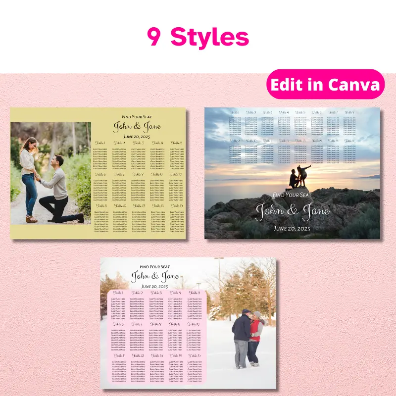 3 different styles of a wedding seating chart poster with the writing in different locations to accommodate different styles of photos