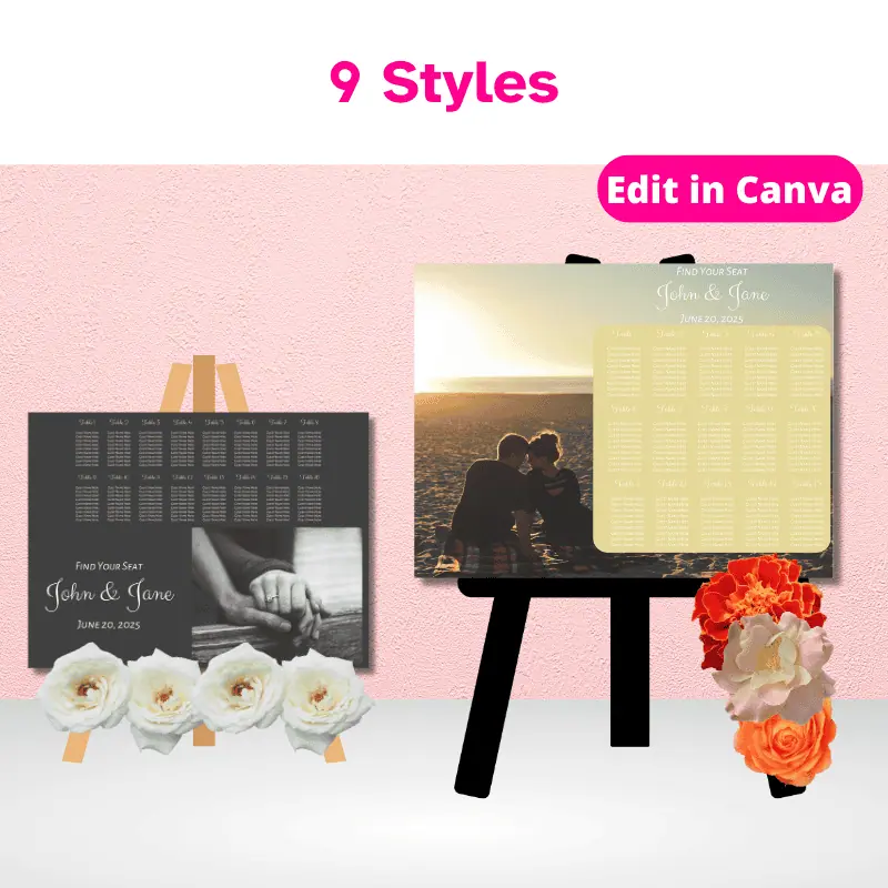 2 different styles of a wedding seating chart poster with the writing in different locations to accommodate different styles of photos standing on easels with flowers.