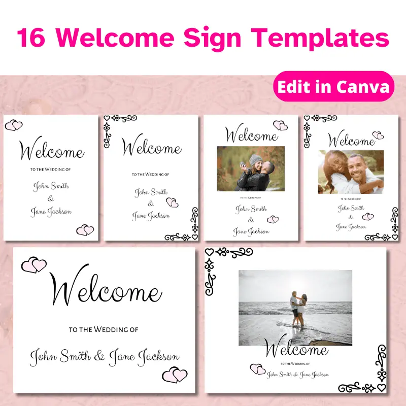 6 different wedding welcome poster designs displayed. 3 include engagement photos.