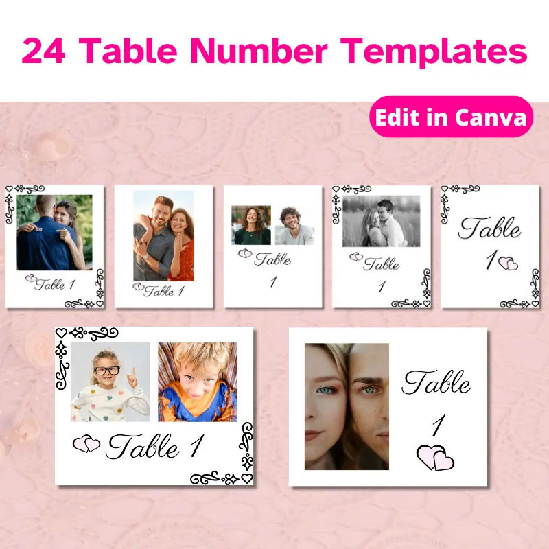 7 table number sign designs with photos of the wedding couples before they got married.