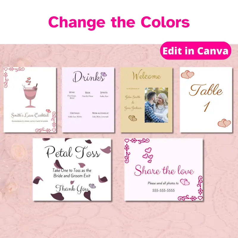6 different editable wedding signs displayed. A petal toss sign, a drink menu sign, welcome sign, a share the love sign, a photo guestbook sign and a table number sign.