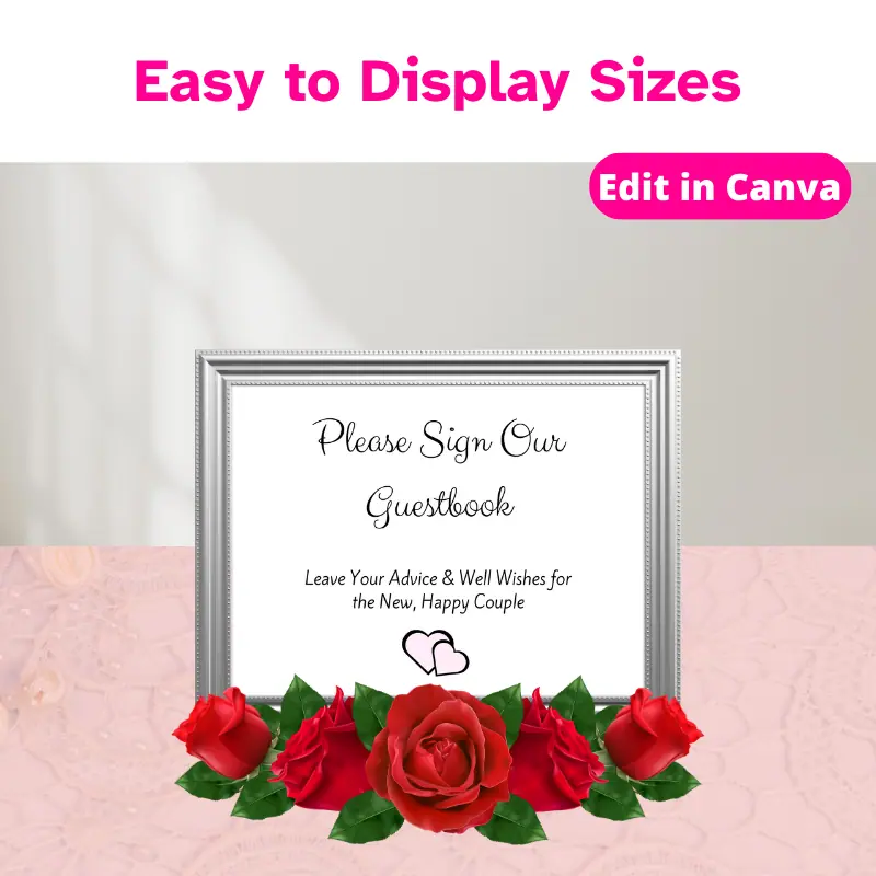 a please sign our guestbook sign framed and decorated with red roses