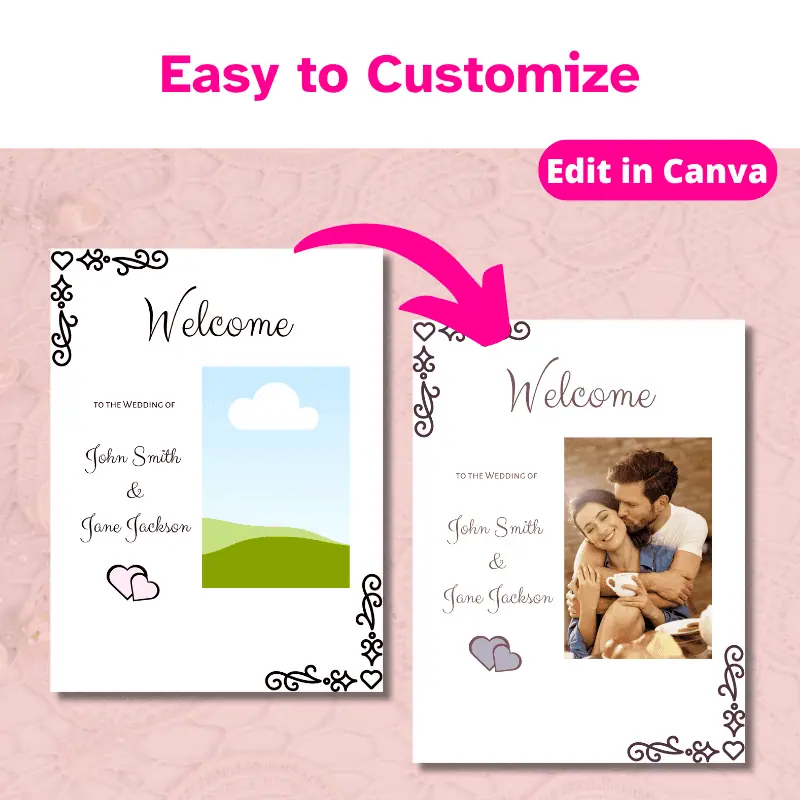 easy to customize. a welcome photo poster template with an arrow to a personalized design with an engagement photo and the bride and grooms names