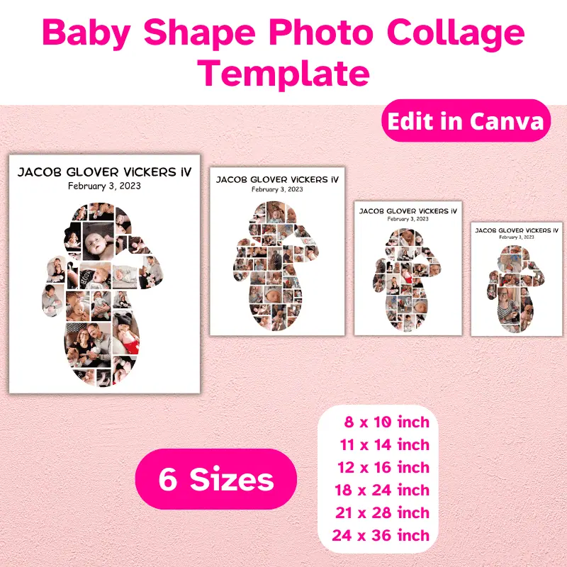 Baby shape photo collage templates, 6 sizes. 4 baby shaped photo collages on a wall shown in 4 different sizes. This is a digital product