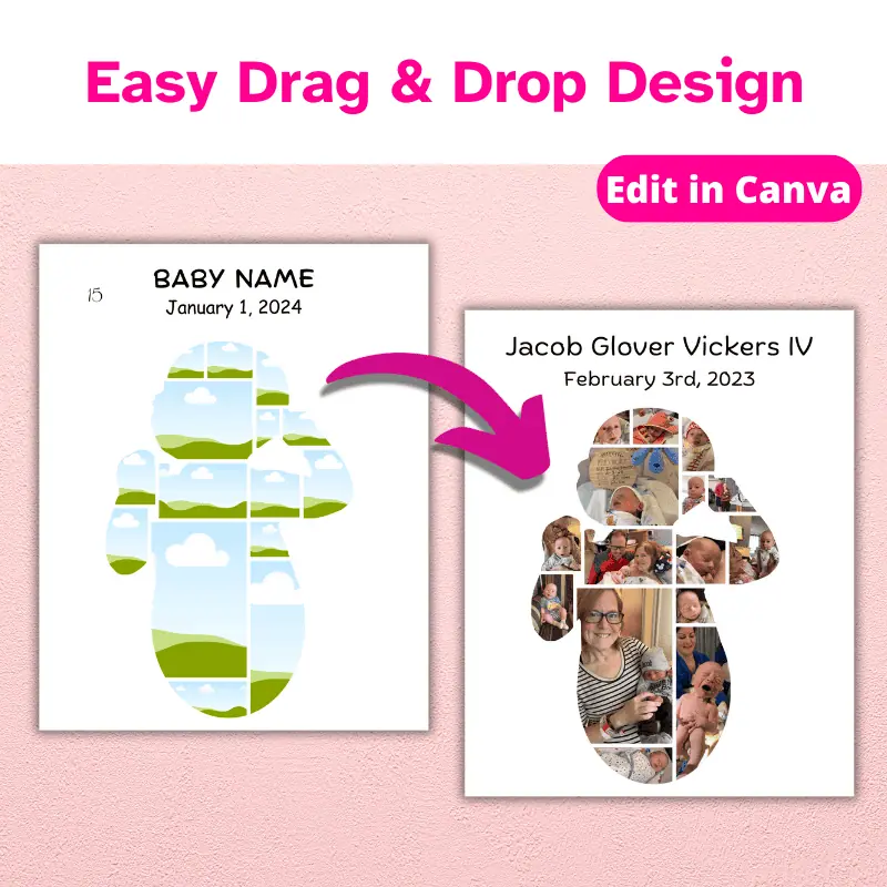 Easy drag and drop design. Edit in Canva. The original template design on the wall with an arrow pointing at a fully customized photo template. This is a digital product.
