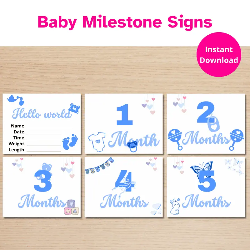 6 Baby Milestone Cards in shades of blue featuring several cute baby themed graphics. The cards include one for each month starting from newborn through 5 months.