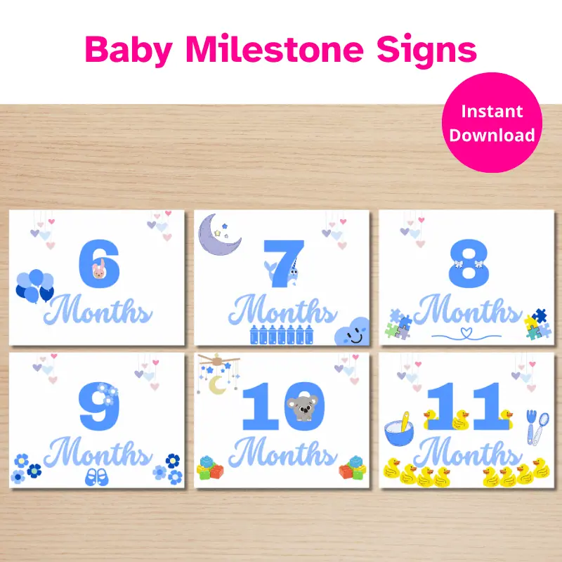 6 Baby Milestone Cards in shades of blue featuring several cute baby themed graphics. The cards include one for each month starting from 6 through 11 months.