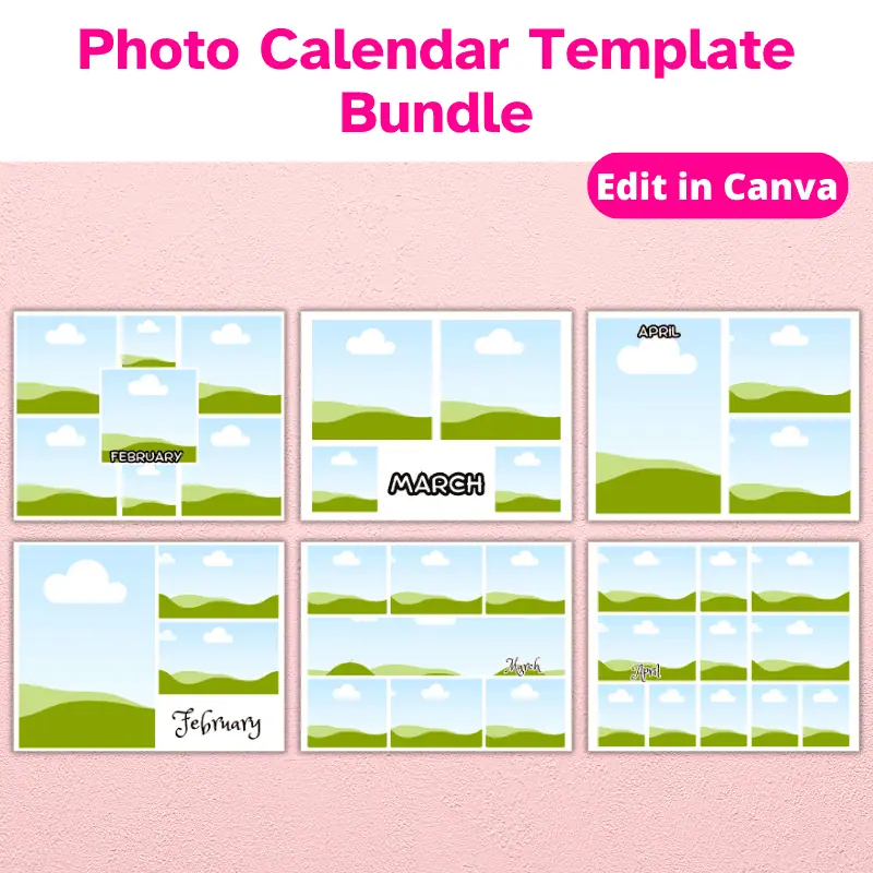 a variety of photo layouts showing the 6 different layouts for the months of May, June, and August