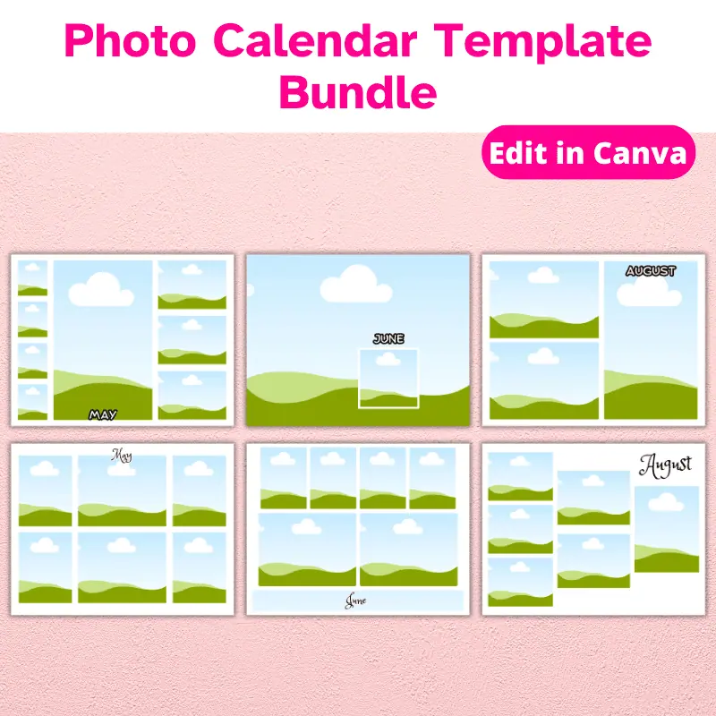 a variety of photo layouts showing the 6 different layouts for the months of May, June, and August
