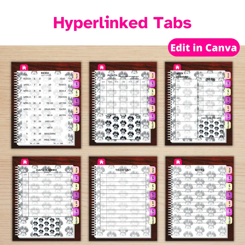 6 digital planner pages with hyperlinked tabs displayed. The pages displayed are the monthly planner, weekly planner, daily planner, to do list, notes, and index pages.