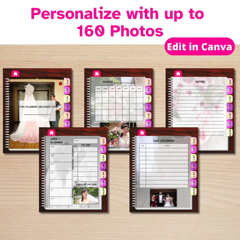 5 customized digital planner pages filled with wedding photos. Personalize with up to 160 photos