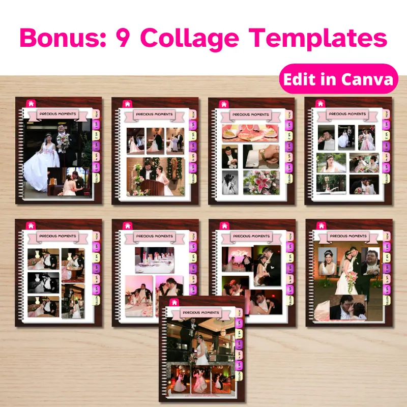 Bonus: 9 collage templates displayed with wedding photos.