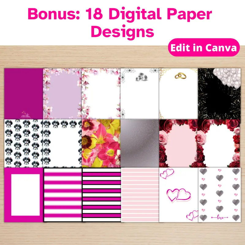 Bonus 18 digital paper designs displayed. a variety of pinks, florals, and shitzu papers