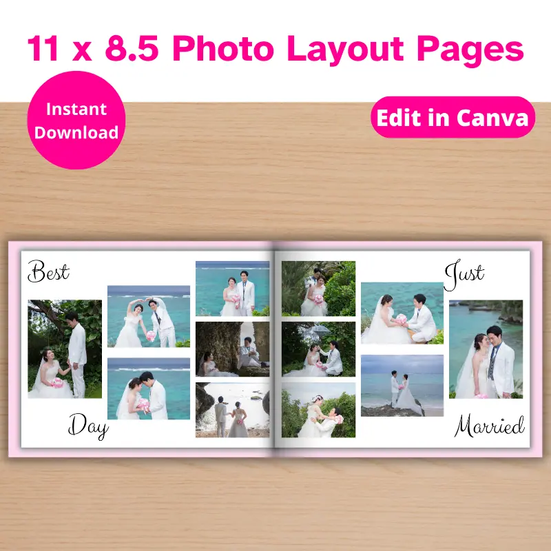 A photo book open on a table with photos of a happy couple on their wedding day. There is a banner that says 11 x 8.5 photo layout pages.