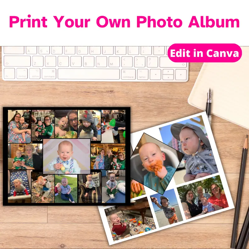 Print your own photo album. Two baby photo collage pages laying on a desk after being printed out.