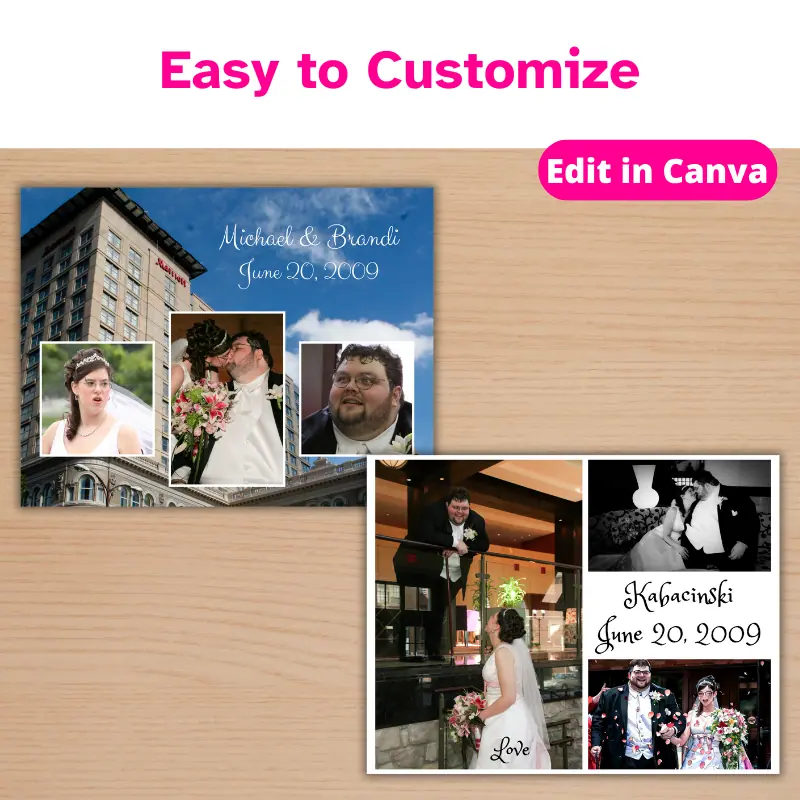 two wedding photo collages from the same wedding laying on a desk. Easy to customize.