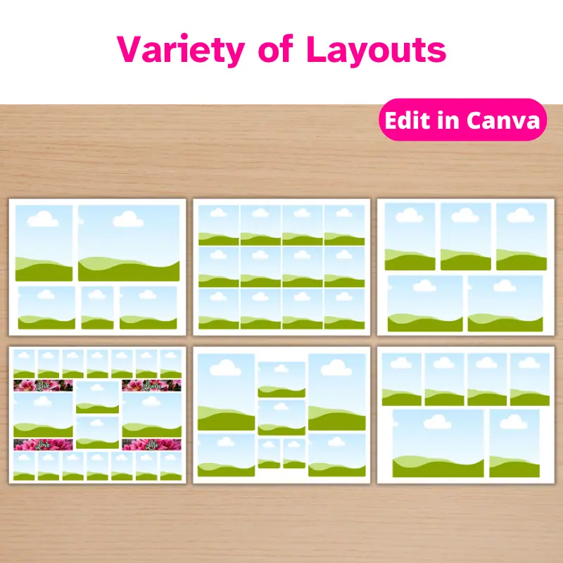 6 Photo Collage templates on a table in a variety of layouts