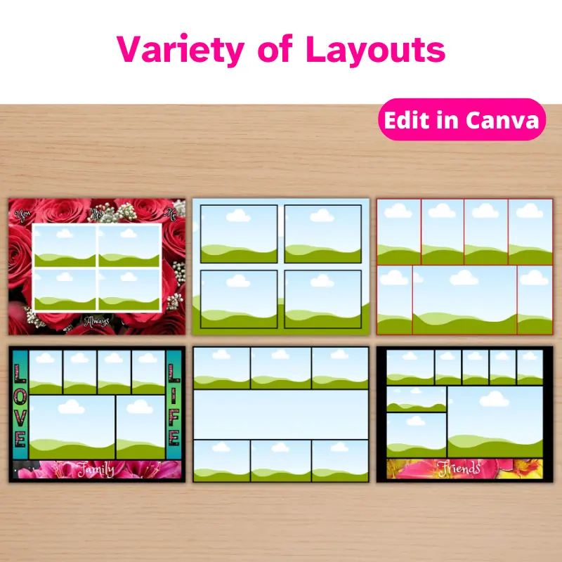 6 Photo Collage templates on a table in a variety of layouts