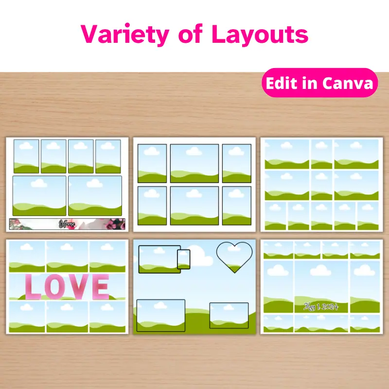 6 Photo Collage templates on a table in a variety of layouts