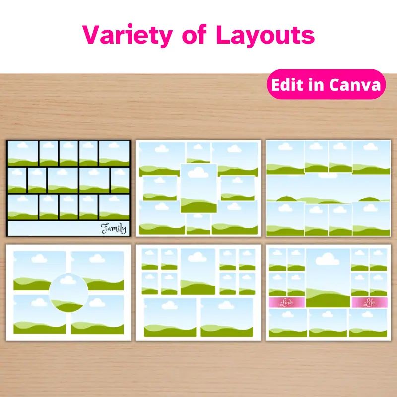 6 Photo Collage templates on a table in a variety of layouts