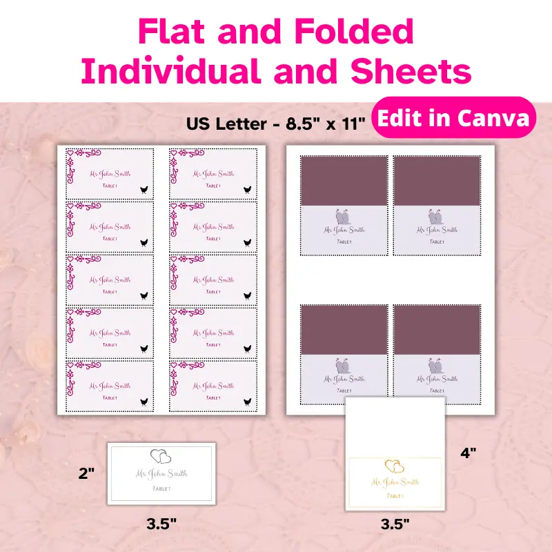 2 printable sheet of wedding place cards. one is for flat and the other is for folded place cards. The flat measure 2 x 3.5 inches and the folded measure 4 x 3.5 inches.