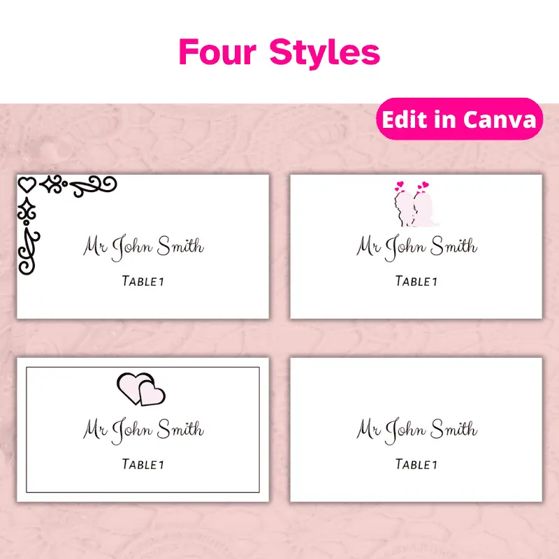 four different styles of wedding place cards on a table. one has a decorative black border. One has a pink bride and groom silhouette. One has 2 hearts and a thin border and the other is solid white. They all are customizable.
