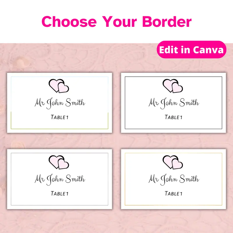 Choose your border. four of the same place cards with a border using a canva frame demonstrating that any image or color could be used as the border.