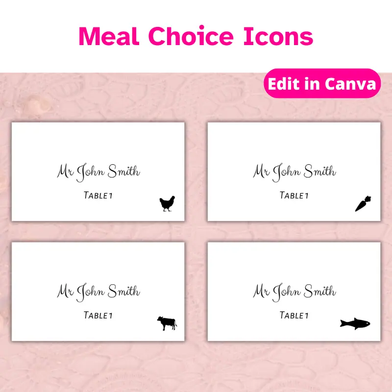 Meal choice icons are placed in the corner of 4 place cards. The icons are a chicken, a cow, a fish, and a carrot all in black.