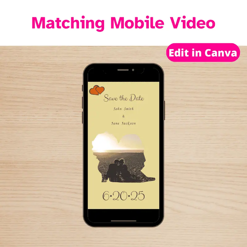 matching mobile video. There is a cellphone displaying an animated, wedding save the date video.