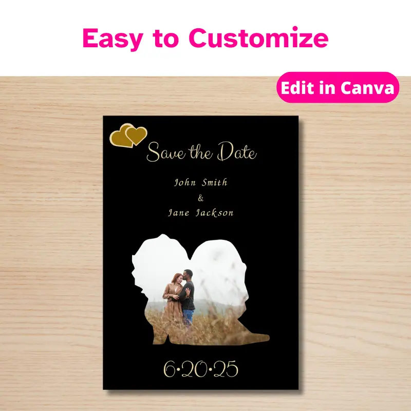 a wedding save the date with a photo in the shape of a bride and groom silhouette laying on a table.