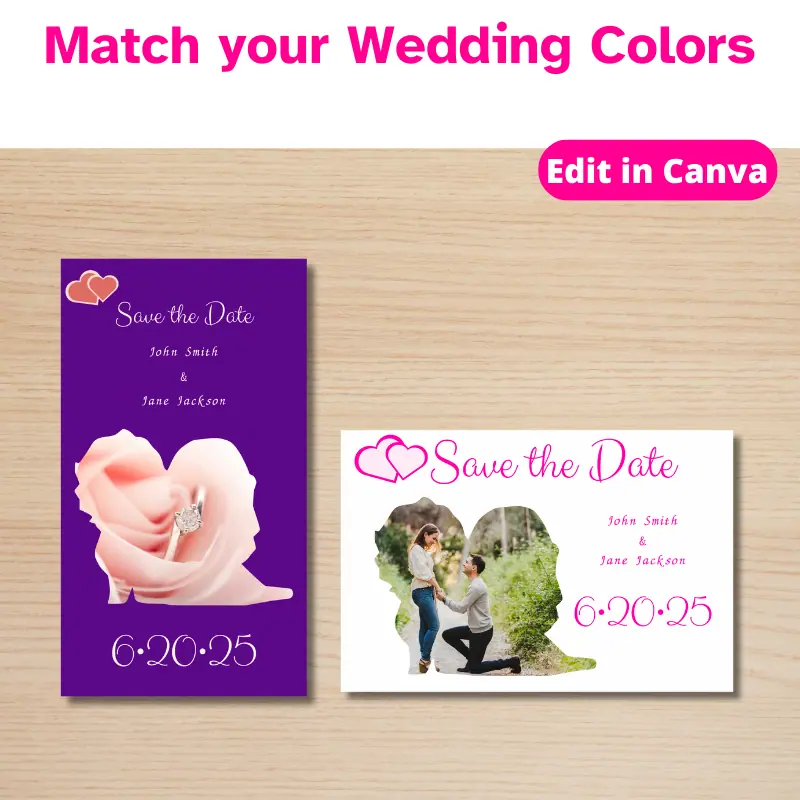 match your wedding colors. There are 2 different wedding save the dates displayed. one is white and pink with an engagement photo. The other is purple and pink and has a photo of a rose with the engagement ring on it.