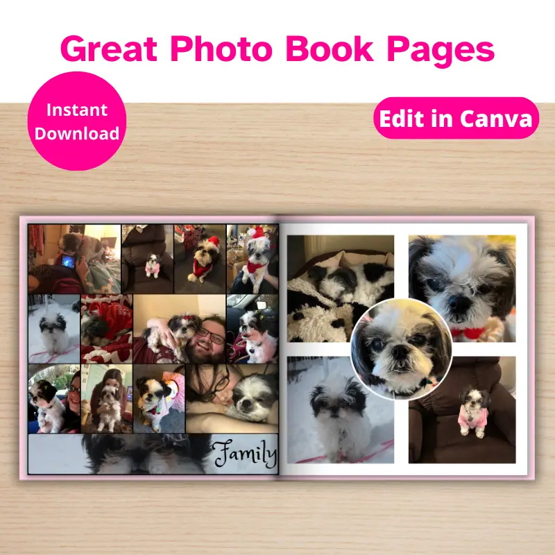 A square photo book open laying on a table featuring a shitzu and her parents. Great photo book pages, instant download, edit in canva