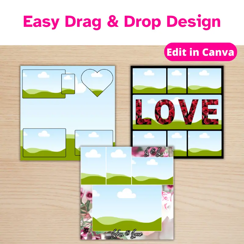Easy drag and drop design. 3 square photo layouts on a table.