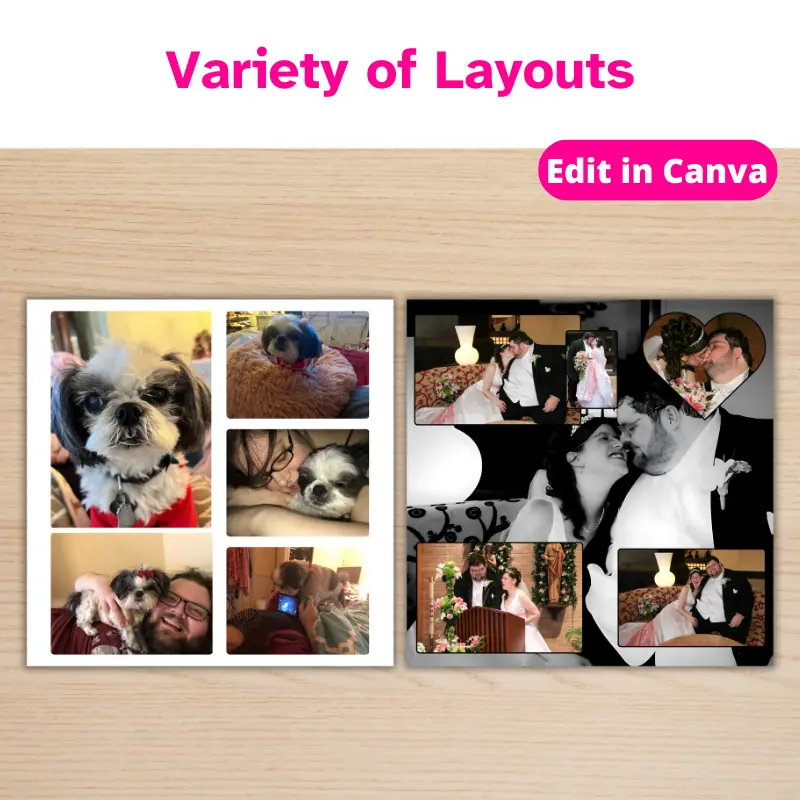 2 different photo collages on a table. One has 5 photos of a shitzu and her parents and the other has 5 photos of a happy couple on their wedding day. Variety of layouts.