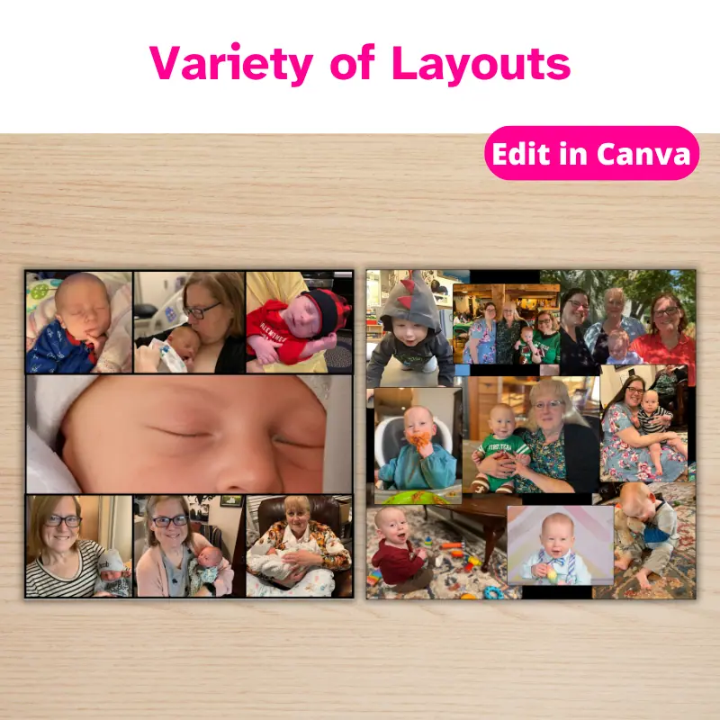2 square photo collages on a table. One collage has 7 photos of a baby boy and his family and the other has 9 photos of the same baby with his family. Each has it's own unique layout. Variety of layouts.