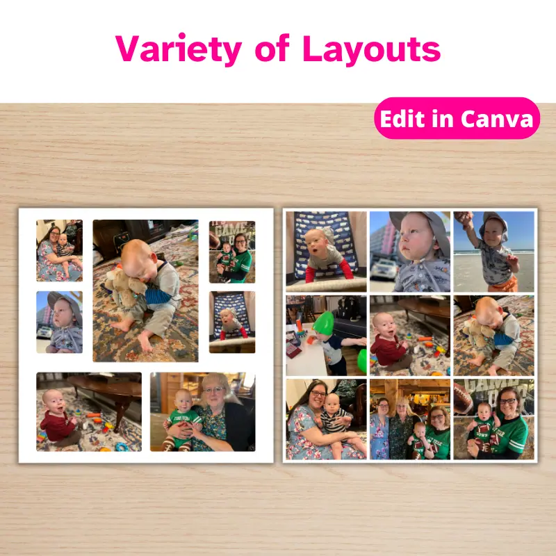 2 square photo collages on a table. One has 7 photos of a baby boy and his family with one large feature photo and the other has 9 square photos equally spaced in a grid. Variety of layouts.