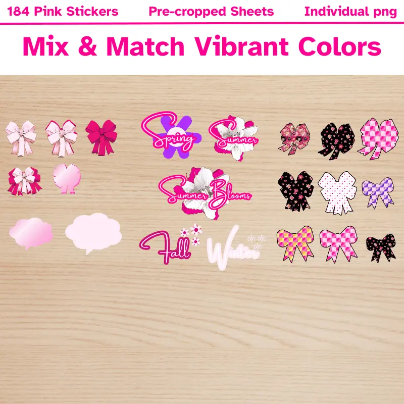 a variety of pink digital stickers, bows, flowers, and seasons.