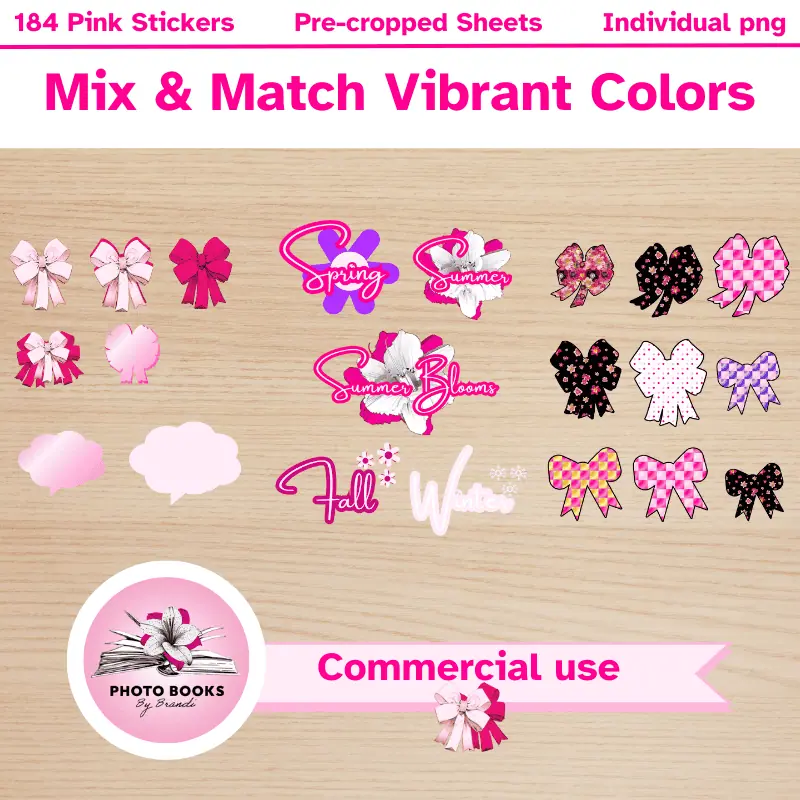 a variety of pink digital stickers, bows, flowers, and seasons. commercial use allowed
